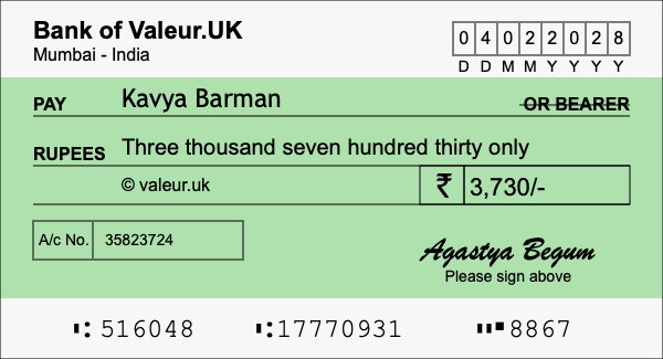 How to write a cheque for 3,730 rupees How to write a cheque for 3,730 rupees