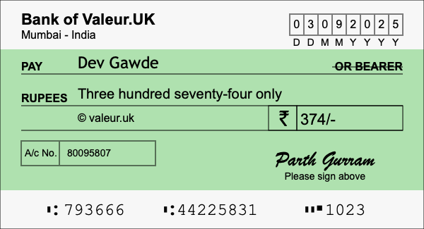 How to write a cheque for 374 rupees