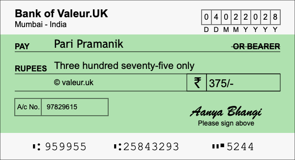 How to write a cheque for 375 rupees