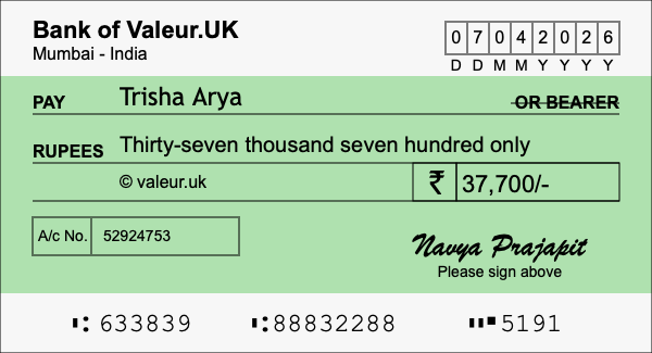 How to write a cheque for 37,700 rupees