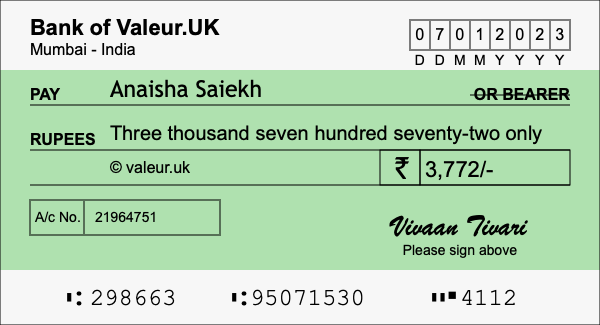 How to write a cheque for 3,772 rupees