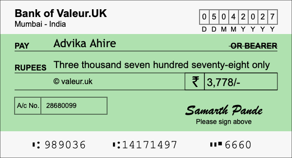 How to write a cheque for 3,778 rupees