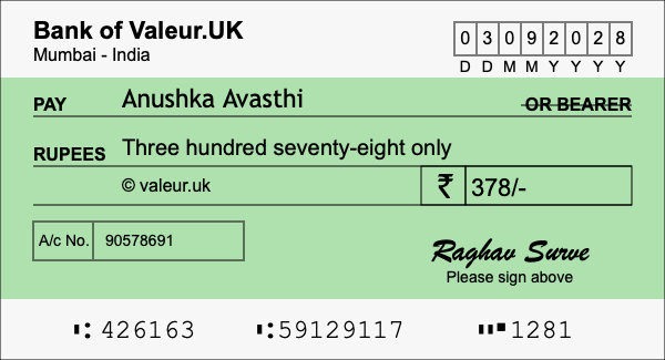 How to write a cheque for 378 rupees