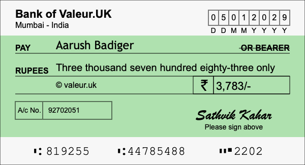 How to write a cheque for 3,783 rupees