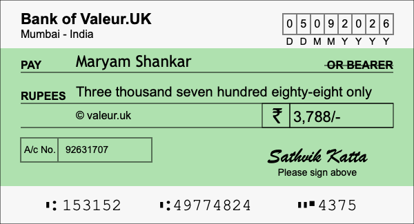 How to write a cheque for 3,788 rupees