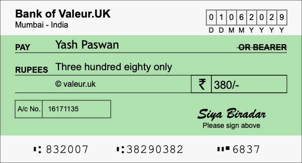 How to write a cheque for 380 rupees How to write a cheque for 380 rupees