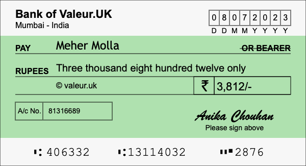 How to write a cheque for 3,812 rupees