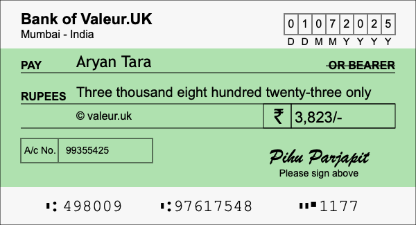 How to write a cheque for 3,823 rupees
