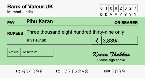 How to write a cheque for 3,839 rupees