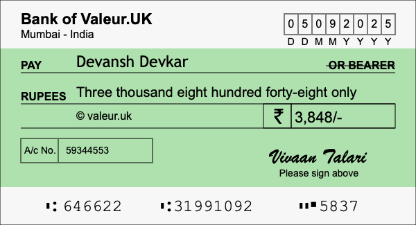 How to write a cheque for 3,848 rupees