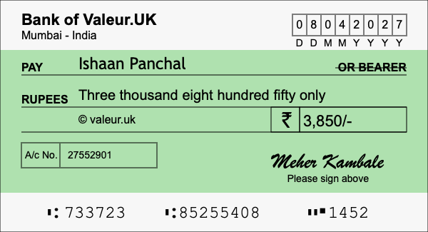 How to write a cheque for 3,850 rupees