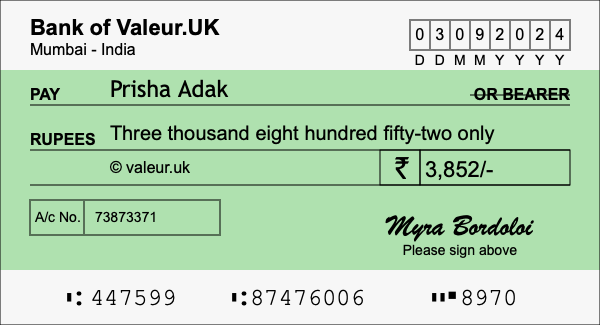 How to write a cheque for 3,852 rupees