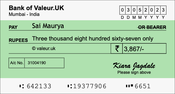 How to write a cheque for 3,867 rupees