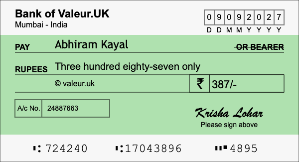 How to write a cheque for 387 rupees
