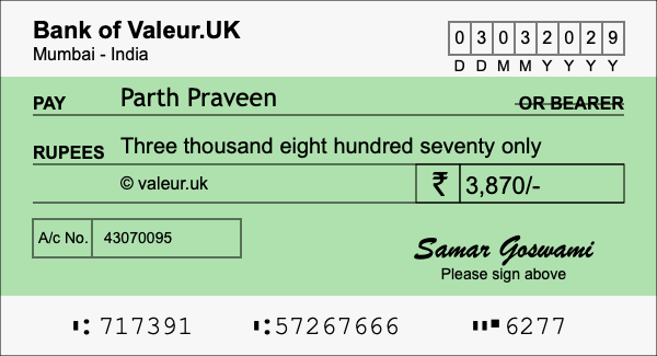 How to write a cheque for 3,870 rupees