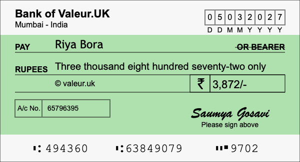 How to write a cheque for 3,872 rupees