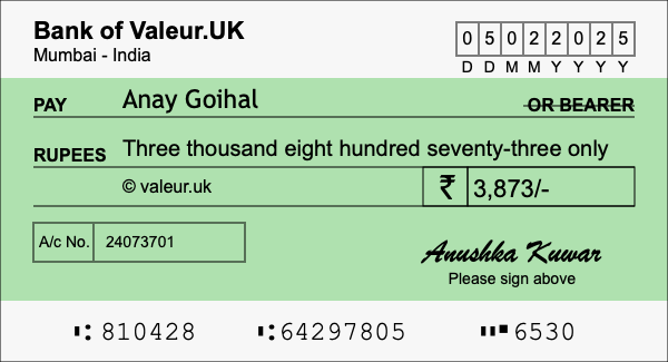 How to write a cheque for 3,873 rupees