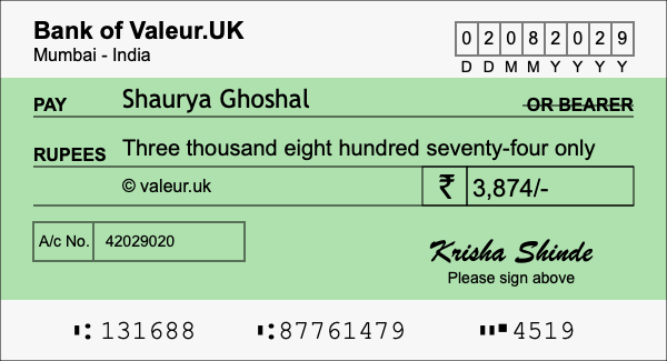 How to write a cheque for 3,874 rupees