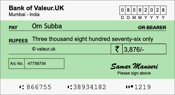 How to write a cheque for 3,876 rupees
