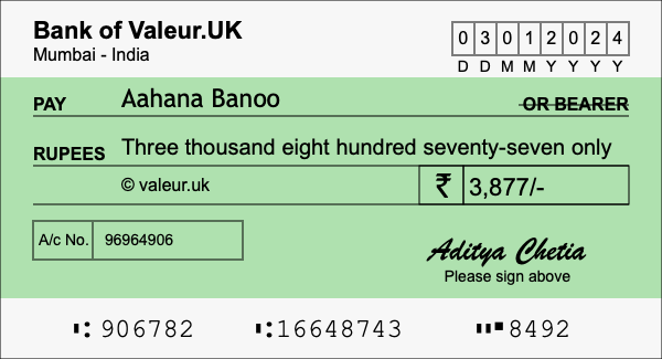 How to write a cheque for 3,877 rupees