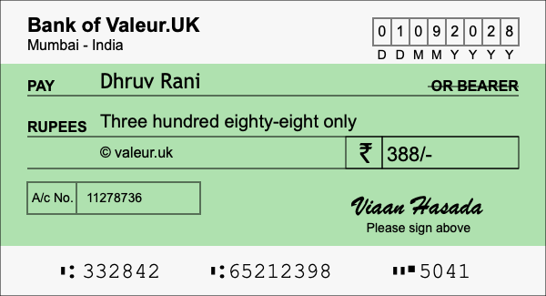 How to write a cheque for 388 rupees