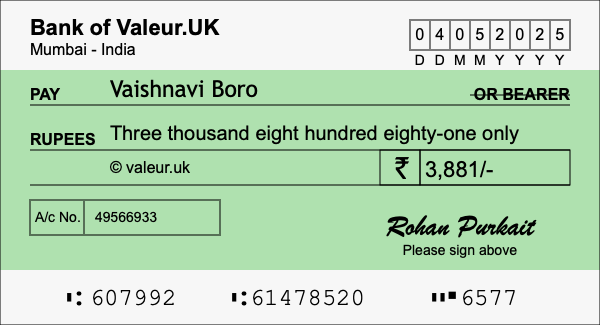 How to write a cheque for 3,881 rupees
