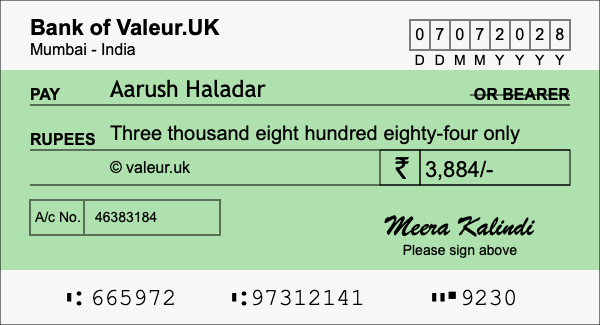 How to write a cheque for 3,884 rupees