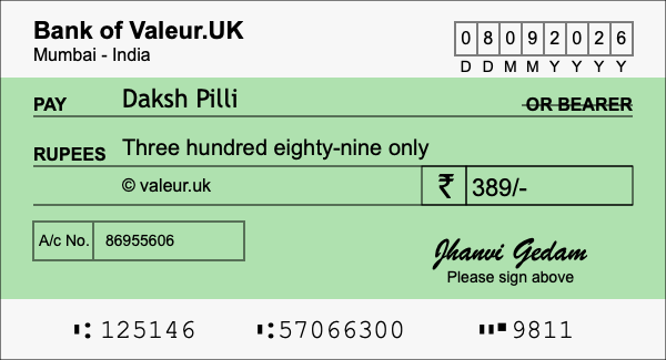 How to write a cheque for 389 rupees