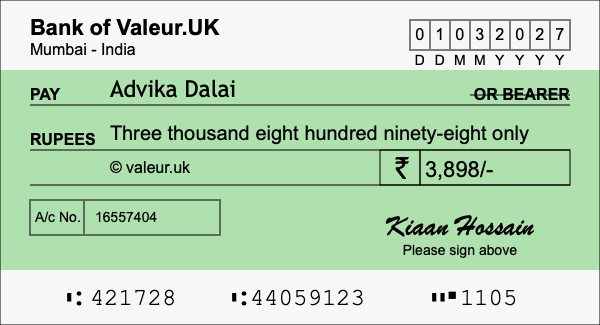 How to write a cheque for 3,898 rupees