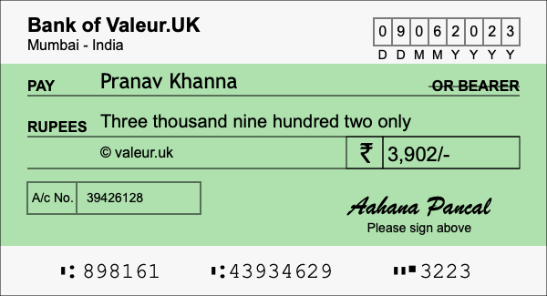 How to write a cheque for 3,902 rupees