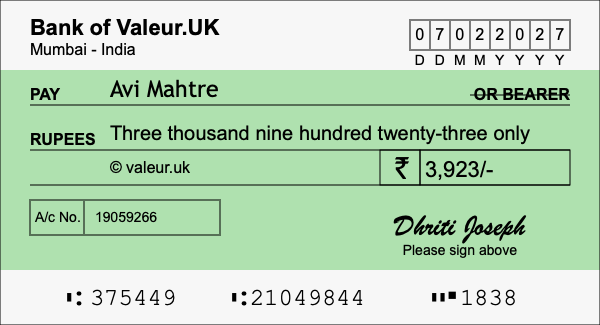 How to write a cheque for 3,923 rupees