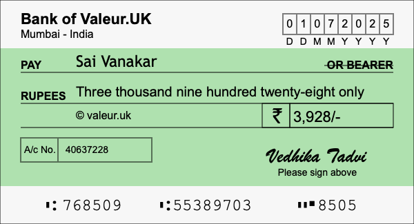 How to write a cheque for 3,928 rupees How to write a cheque for 3,928 rupees