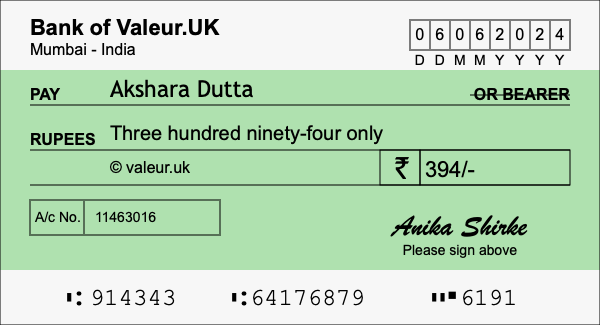 How to write a cheque for 394 rupees
