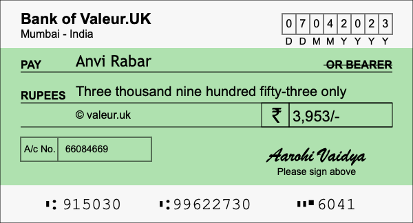How to write a cheque for 3,953 rupees
