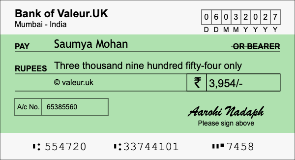 How to write a cheque for 3,954 rupees