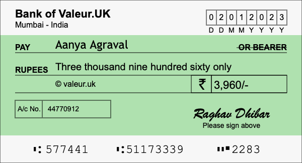 How to write a cheque for 3,960 rupees