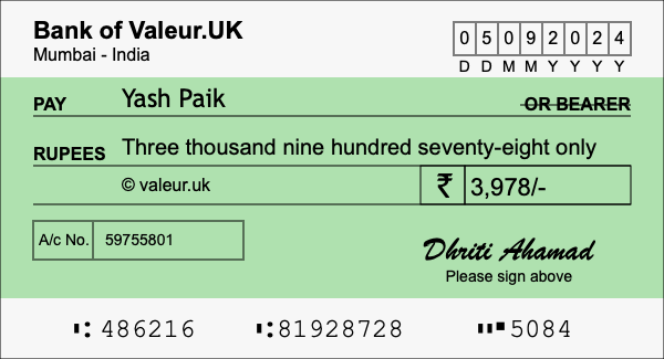 How to write a cheque for 3,978 rupees