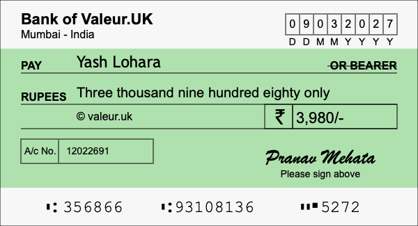 How to write a cheque for 3,980 rupees