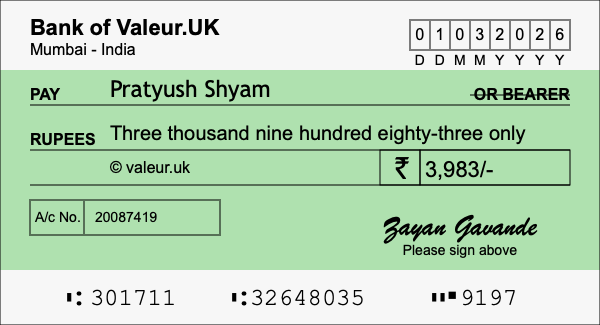 How to write a cheque for 3,983 rupees