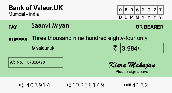 How to write a cheque for 3,984 rupees