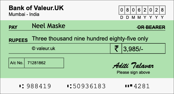 How to write a cheque for 3,985 rupees