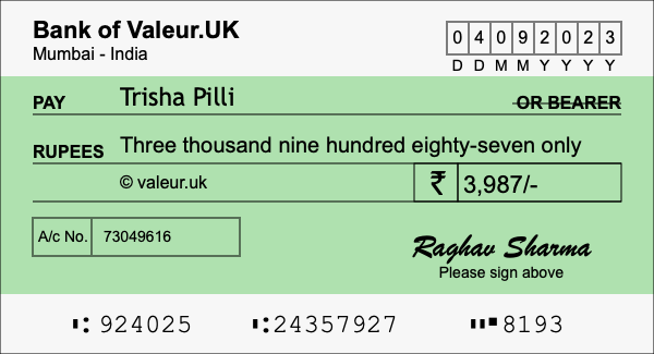 How to write a cheque for 3,987 rupees