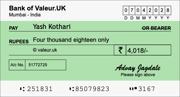 How to write a cheque for 4,018 rupees How to write a cheque for 4,018 rupees