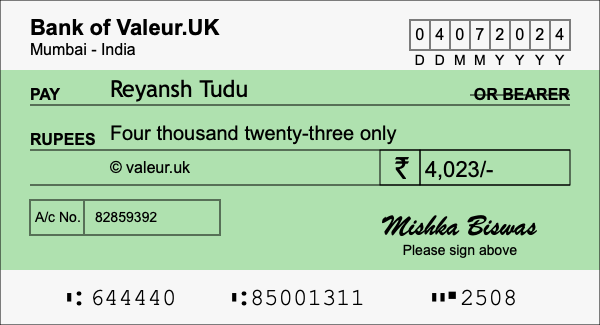 How to write a cheque for 4,023 rupees How to write a cheque for 4,023 rupees