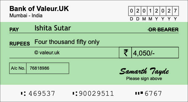 How to write a cheque for 4,050 rupees