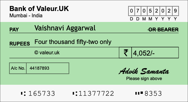 How to write a cheque for 4,052 rupees
