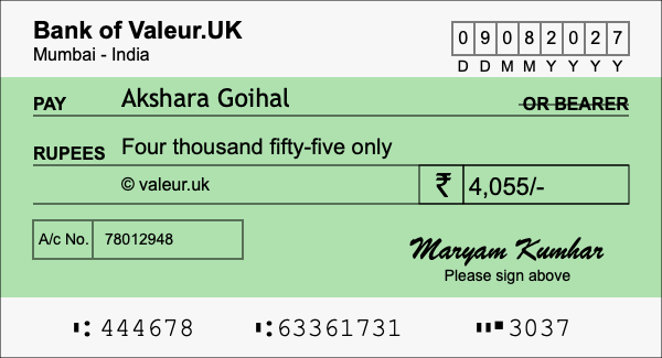 How to write a cheque for 4,055 rupees