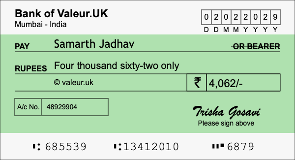 How to write a cheque for 4,062 rupees