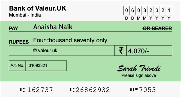 How to write a cheque for 4,070 rupees