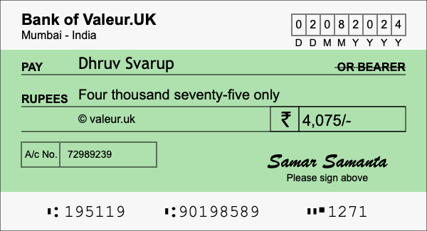 How to write a cheque for 4,075 rupees